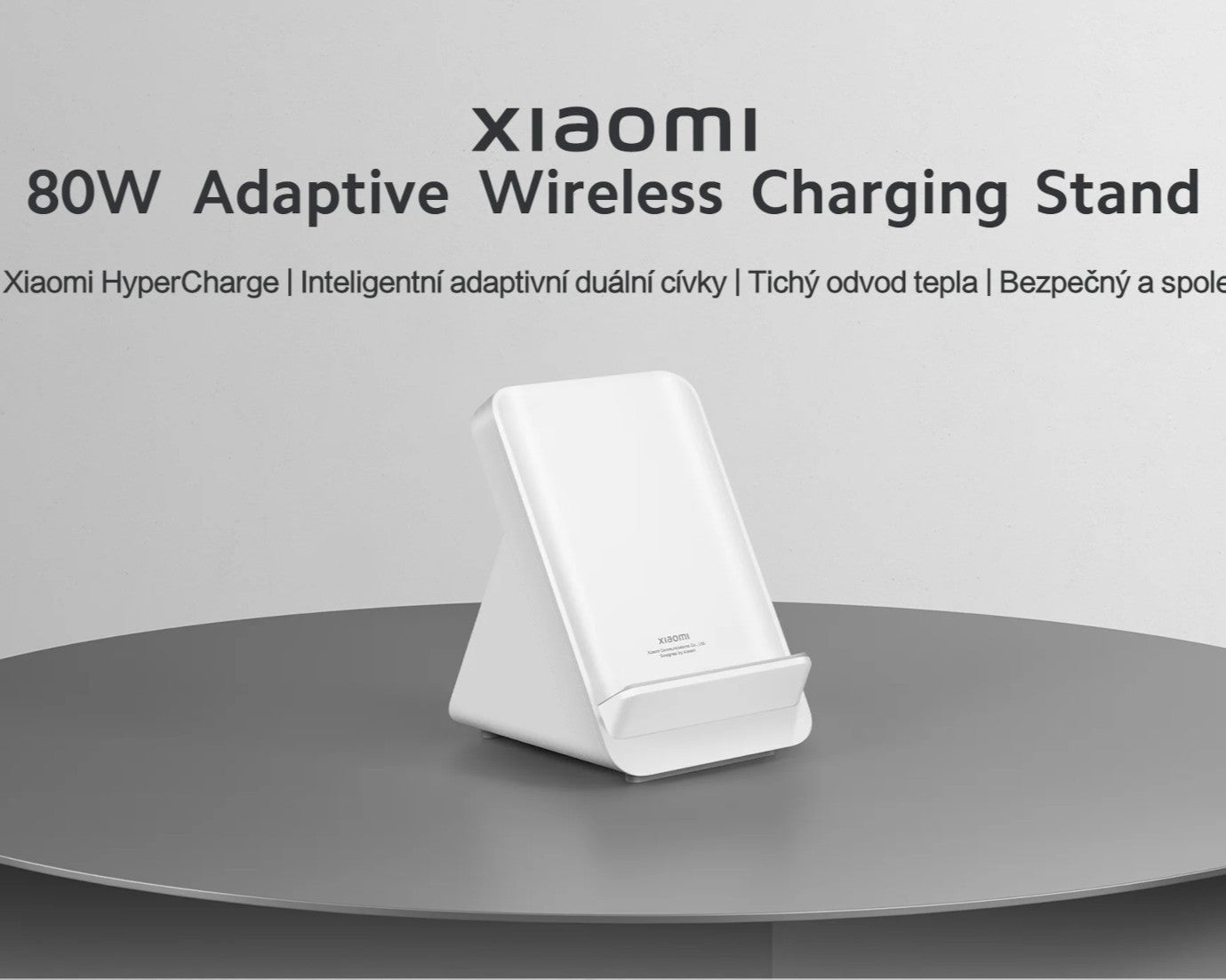 Xiaomi 80W Adaptive Wireless Charging Stand on a gray surface with a light gray background