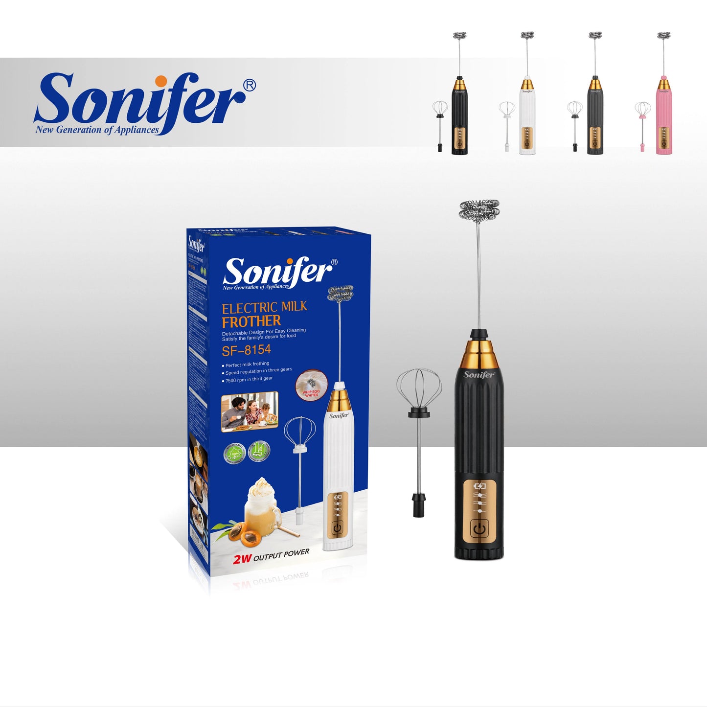 Sonifer SF-8154 Professional Household 304 Stainless Steel Coffee Foam Maker Rechargeable Electric Handheld Milk Frother