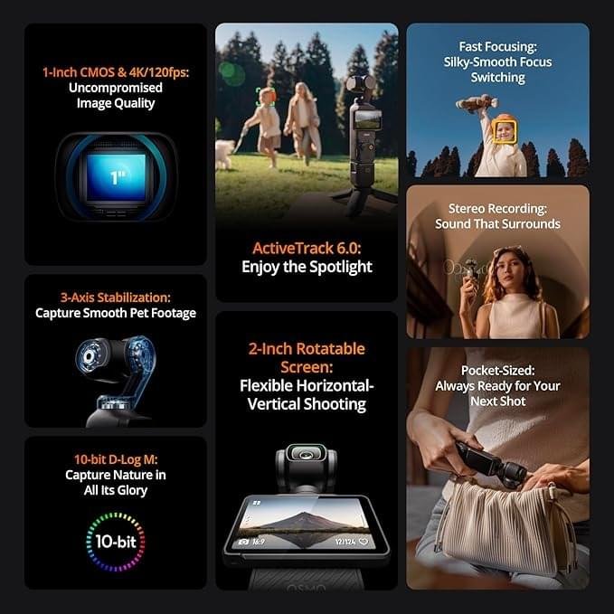 DJI Osmo Pocket 3 Creator Combo, 1'' CMOS, 4K Resolution/120fps Vlog Camera, 3-Axis Stabilization, Face/Object Tracking, Mic Included for Clear Sound, Digital Camera for YouTube