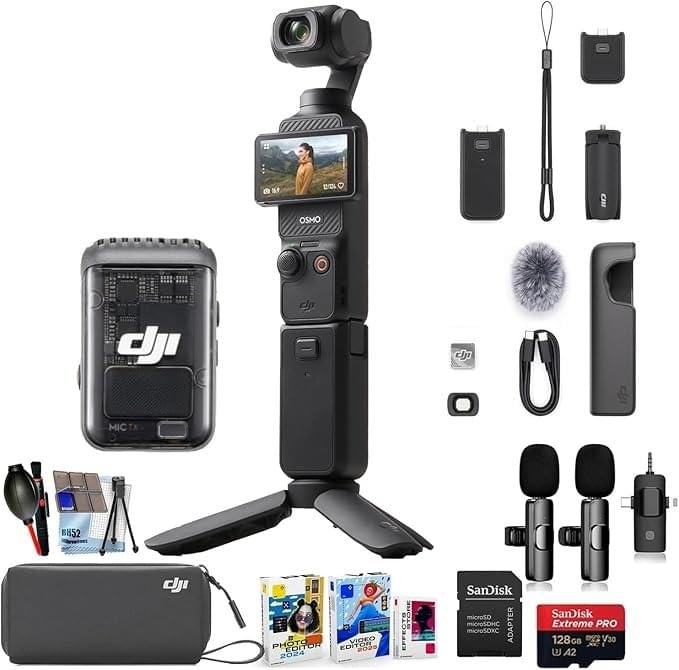 DJI Osmo Pocket 3 Creator Combo, 1'' CMOS, 4K Resolution/120fps Vlog Camera, 3-Axis Stabilization, Face/Object Tracking, Mic Included for Clear Sound, Digital Camera for YouTube